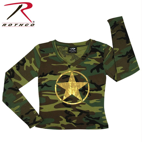 Rothco Womens Long Sleeve V-Neck T-Shirt w- Foil Star On Front